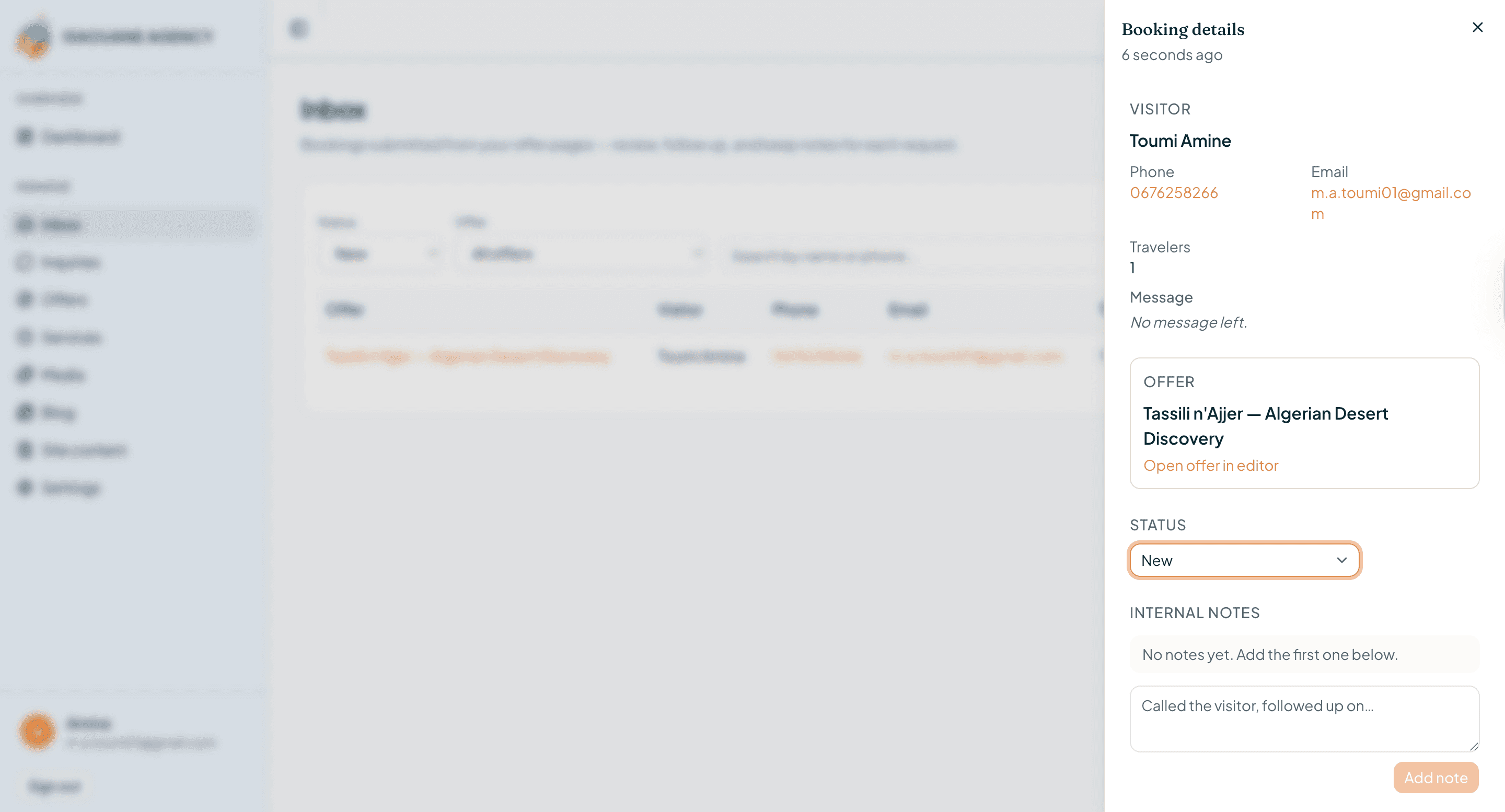 Isaoune Travel admin inbox — booking details panel with status and notes