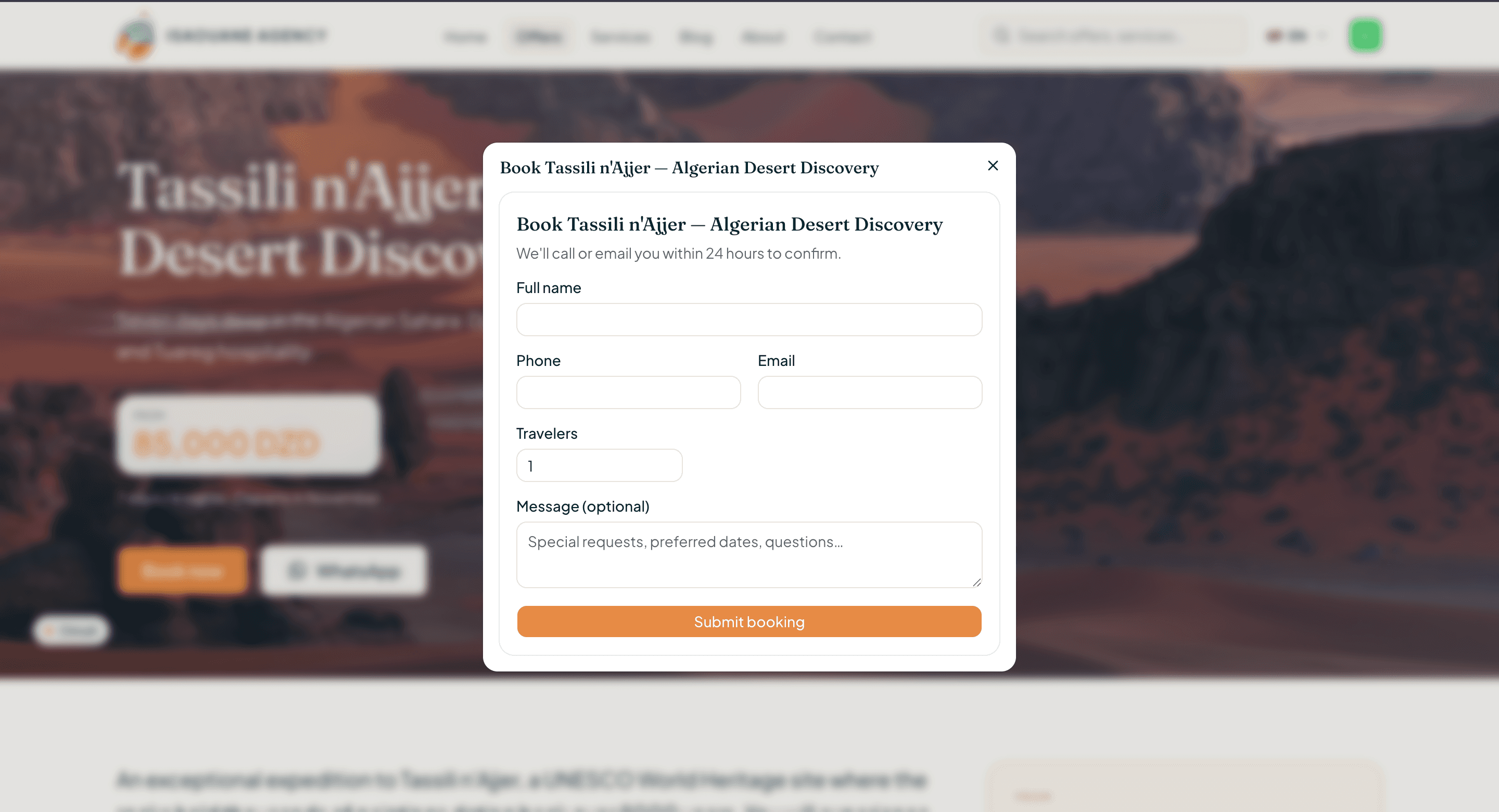 Isaoune Travel booking modal — Book Tassili n'Ajjer